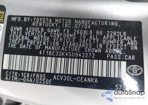 2005 Toyota Camry Le из США, поврежденный, VIN 4T1BE32K45U943272